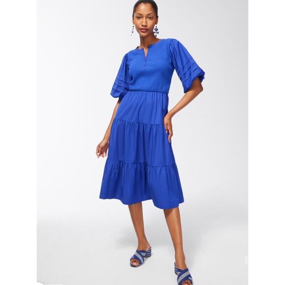 Chico’s Size 1US Medium Blue Tiered Puff Sleeve Midi Dress NEW - Picture 2 of 8